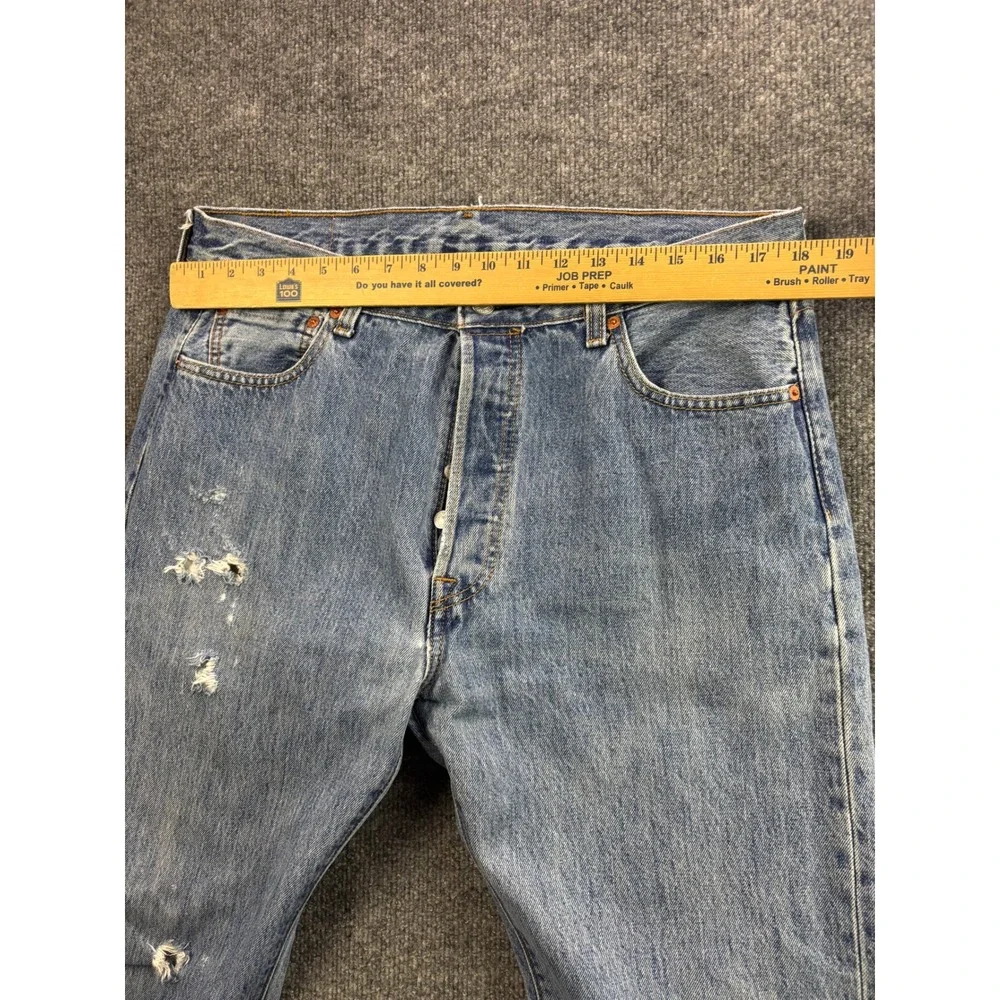 Levi's 501 Jeans Mens 36x34 Blue Light Wash Distressed Straight Leg Button Fly